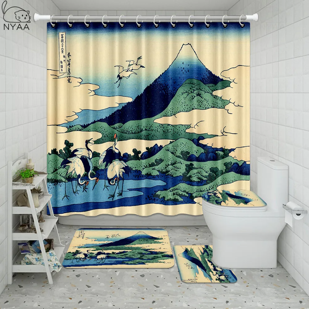 Японская занавеска для душа Kanagawa из ткани Великая волна с узором морской волны