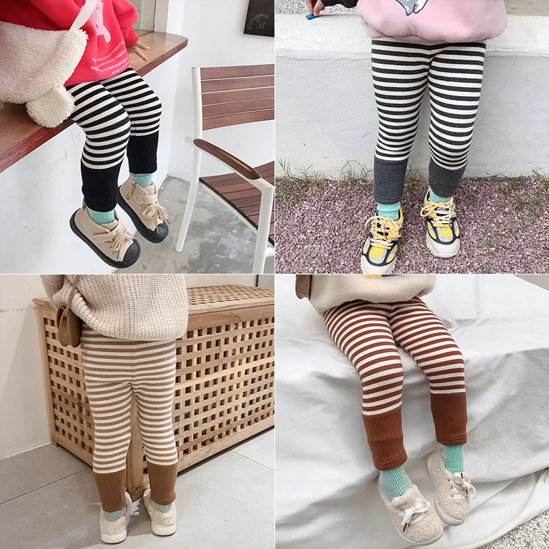 2019 леггинсы в полоску из мягкого флиса для маленьких девочек Детские