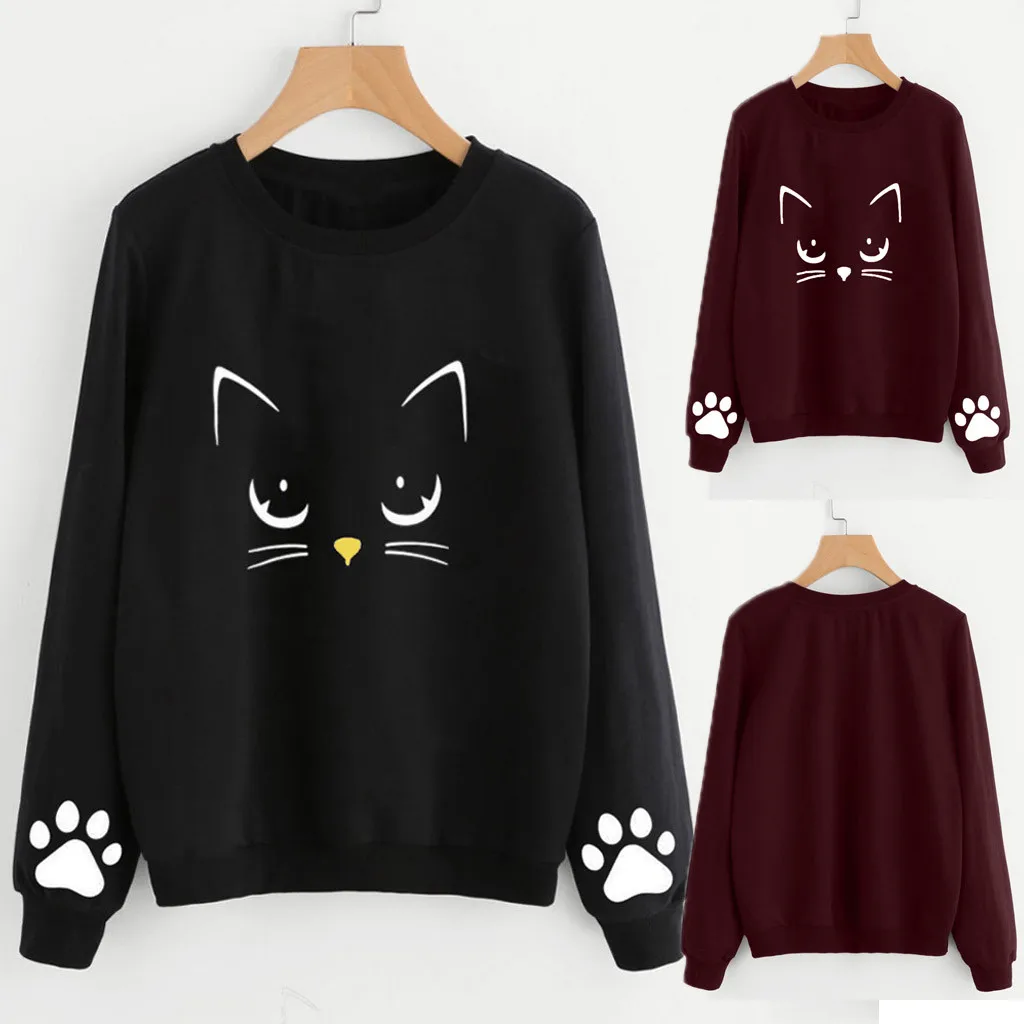 Толстовка для женщин толстовки с принтом кота длинным рукавом Женский пуловер