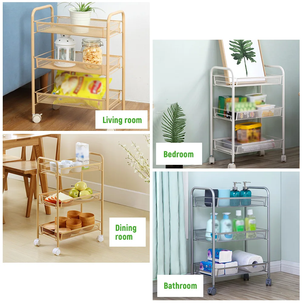 

3/4-Tier Mesh Wire Rolling Cart Multifunction Utility Cart Removable Steel Wire Basket Shelving Trolley with Hooks for Bathroom