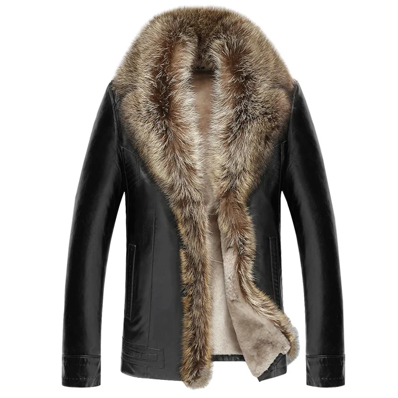 

Mens Clothing Winter Coat Raccoon Sheep Leather Long Sleeve Button Casual Slim Fit Casacas De Cuero Coat Office Business Jacket