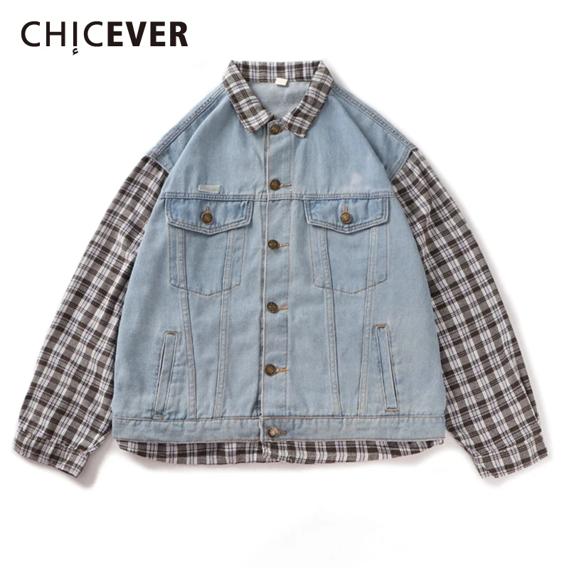

CHICEVER Casual Gingham Patterned Denim Jacket For Women Lapel Long Sleeve Straight Korean Fashion Women's Coat 2021 Clothing