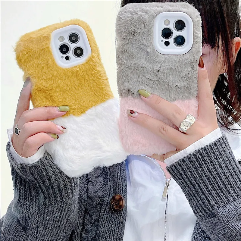 

Pink Yellow Plush Warm Case For iPhone 13 12 Pro Max 12 Mini 11 Pro SE 2020 X 7 8 Plus XR XS Hair Furry Phone Cover