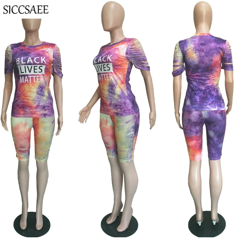 

Hole Burn Out Two Piece Set Letter Short Sleeve Tee Knee Length Pants Tie Dye Printed Outfits Sexy Casual Plus Size Clothing