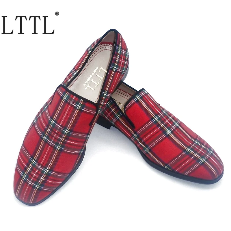 LTTL New Fashion British Style Cotton Fabric Plaid Loafers Men Dress Shoes Square Toe Slip On Casual Men's Smoking | Обувь