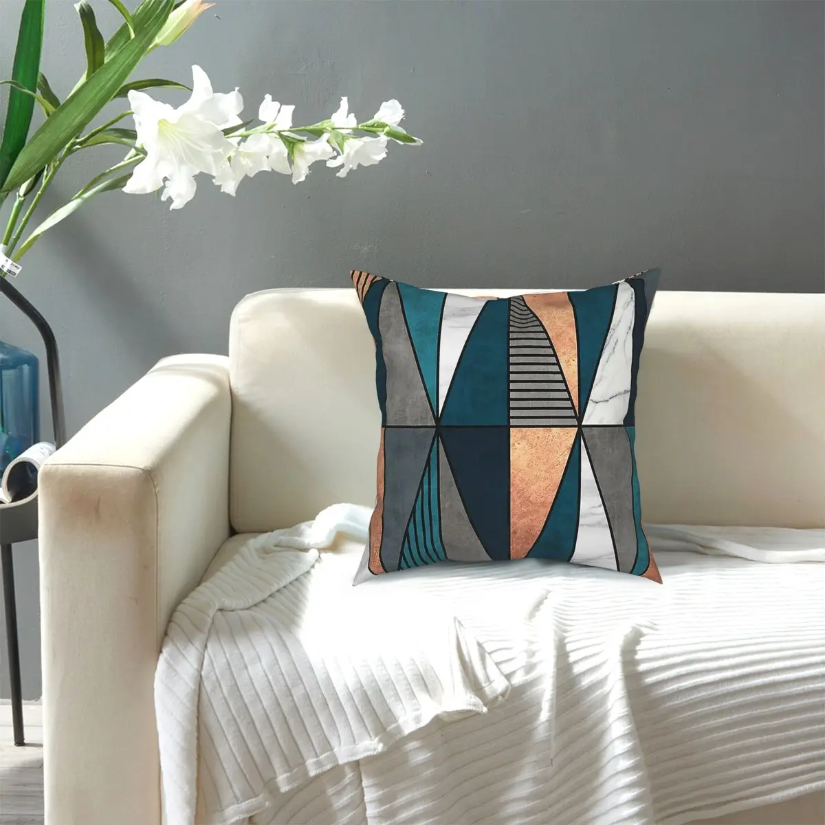 

Abstract Art Copper, Marble And Concrete Triangles With Blue Square Pillow Case Cushions for Sofa Vintage Cushion Covers