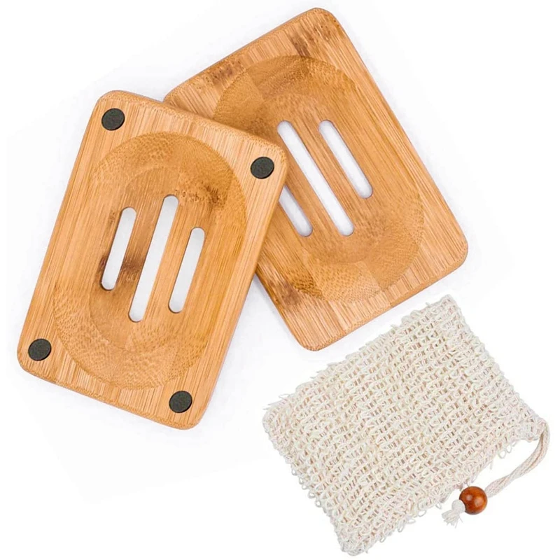 

2Pcs Natural Wooden Bamboo Soap Dish Storage Racks Bathroom Shower Soap Racks Bamboo Handmade Soap Box with 2 Bags