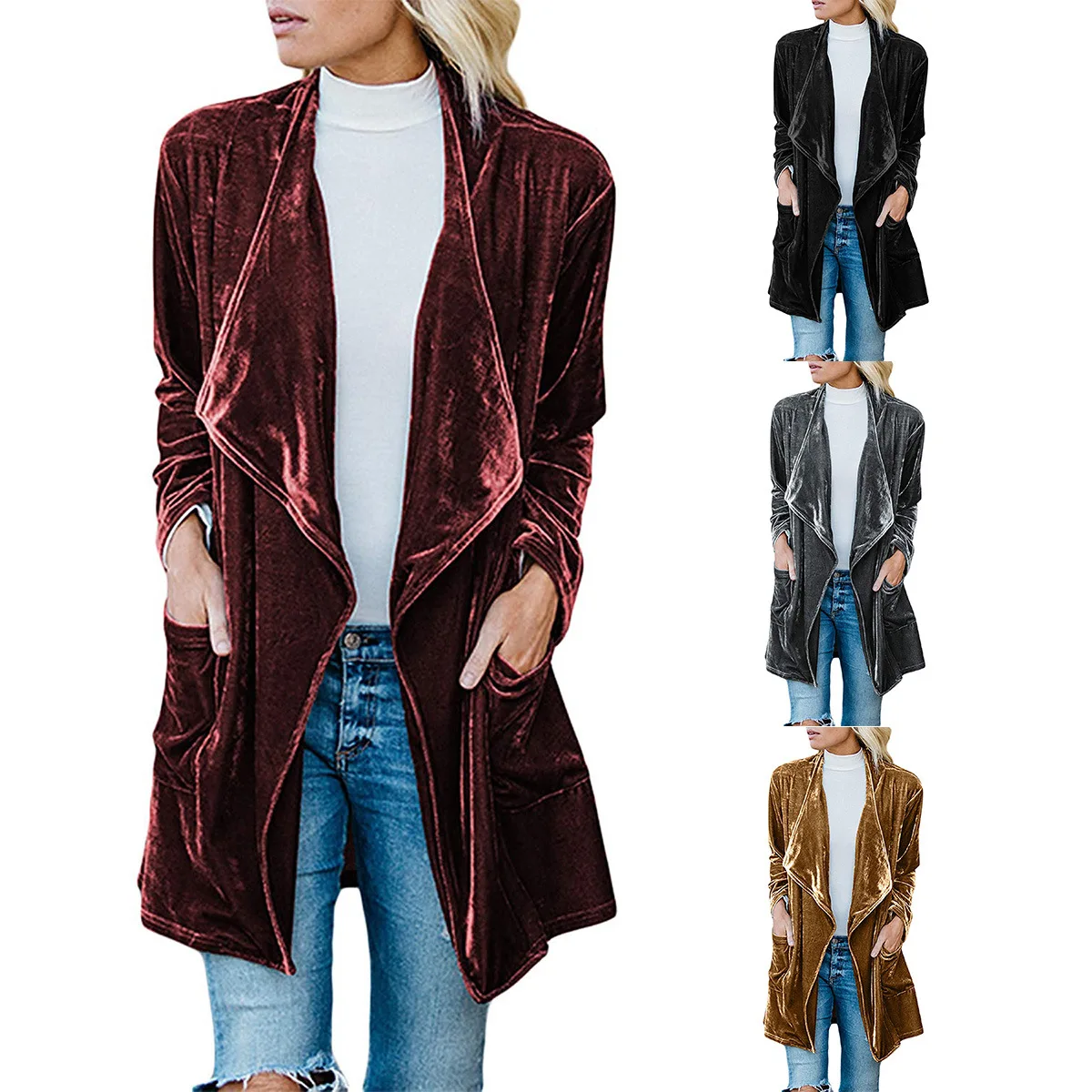 

Women Autumn Cardigan Jacket Pleuche Midi Trench Coat