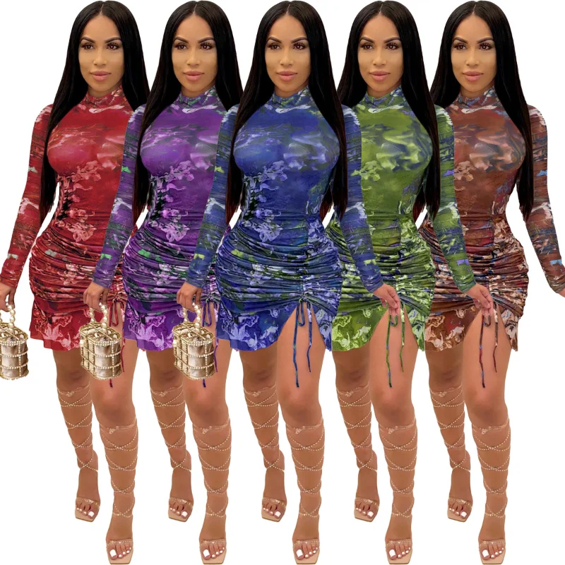 

Shirring Folds Personality Print Summer Club Ladies Short Dress Full Long Sleeves Irregular Streetwear Half High Collar Dresses