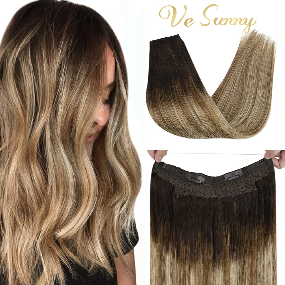 

VeSunny Remy Halo Hair Extensions 100% Real Human Hair Invisible Wire Hair Extensions Real Hair with 2 Clips #2/6/24