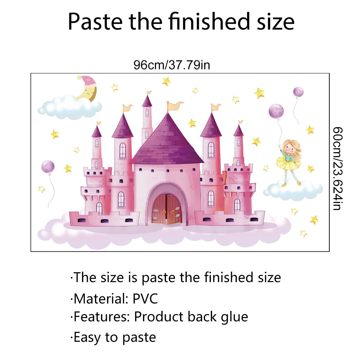 Pink Star Moon Castle Wall Stickers Children's Room Princess Bedroom Background Decoration Cartoon Wallpaper | Дом и сад