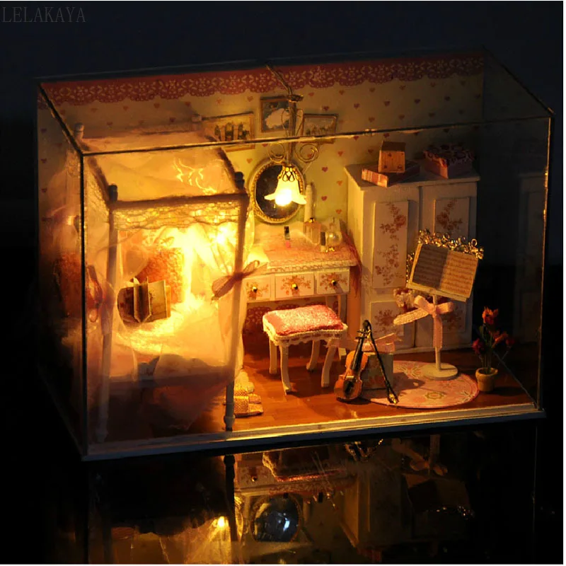 

DIY Creative Wooden Doll House LED Light Pink Handmade Craft Family Puzzle Gift Bedroom Violin Princess Room Toy Home Decoration