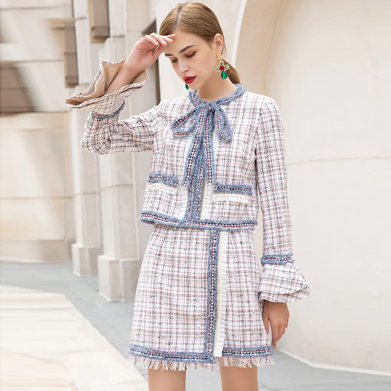 Женский твидовый костюм с жакетом и юбкой осень 2020 | Женская одежда