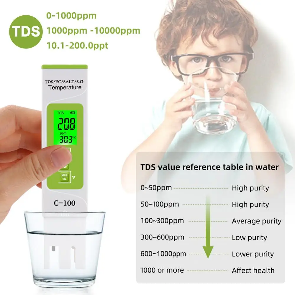 Yieryi Портативный рН-метр C-100 5 в 1 TDS/EC/соленость/S.G./температура воды тестовые