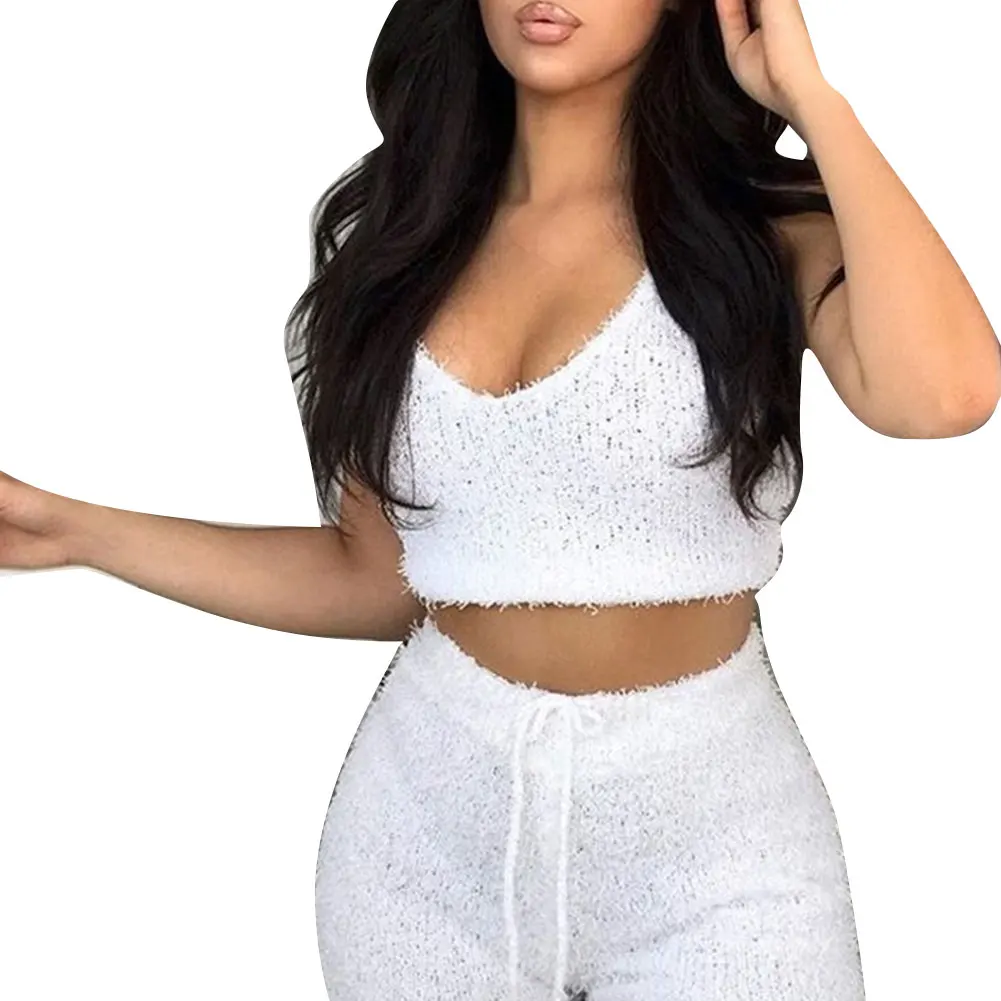 

Ladies Solid Color Sleeveless Crop Top and Shorts Outfits Two-piece O-Neck Suit Set Women Knitted Plus Size Tracksuit Clothing