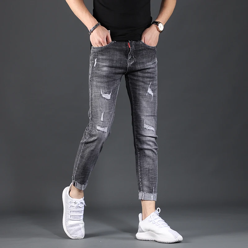 Summer Men's Blue Ripped Jeans Casual Slim Fit Ankle-Length Pants Korean Style Denim Trousers