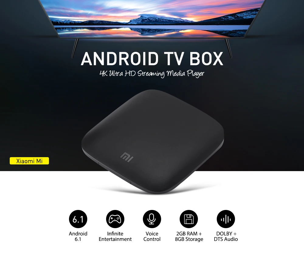 Xiaomi mi ТВ приставка 2 ГБ 8 ГБ Android 6,0 четырехъядерный Cortex-A53 4K двухдиапазонный WiFi DTS HD mi Bluetooth голосовой пульт дистанционного управления
