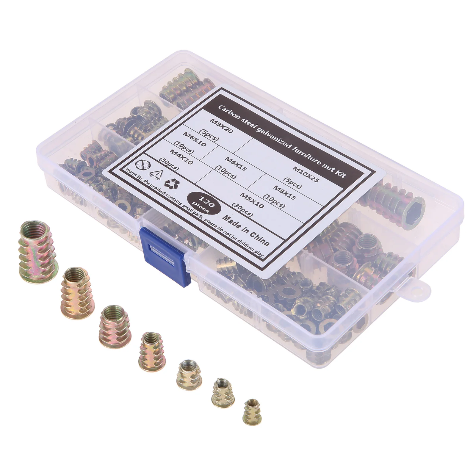 

120PCS Assorted Flanged Hex Drive Head Furniture Nuts M4 M5 M6 M8 M10 Carbon Steel Galvanized Thread For Wood Insert Nut