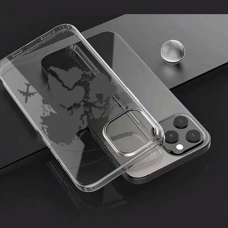 

Black line simple airplane world map Phone Case Transparent for iPhone Samsung A S 11 12 6 7 8 9 30 Pro X Max XR Plus lite