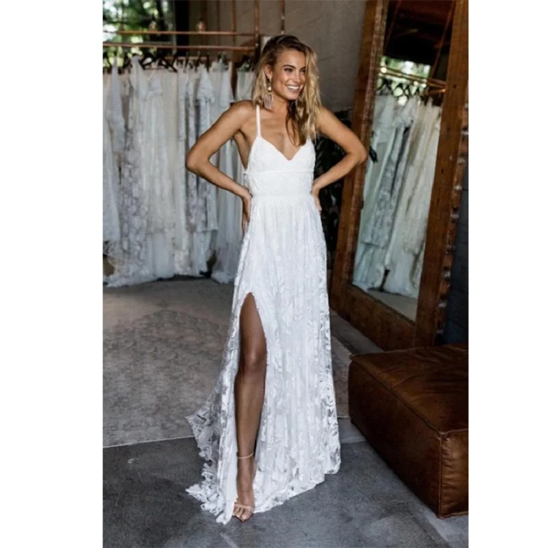 

Simple A-line Spaghetti Straps Lace Bridal Gowns Wedding Dress