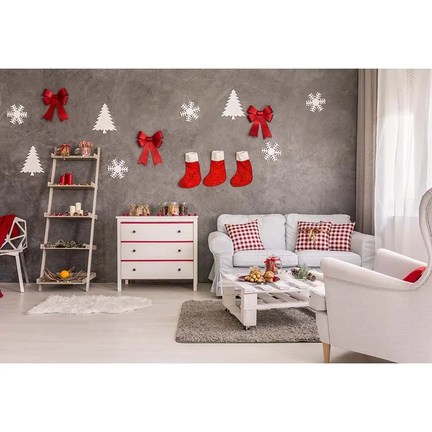 Рождественская комната 7x5 футов красные ботинки с бантиком белые деревья