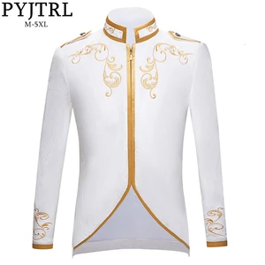 PYJTRL Новый британский стиль Королевский принц чистый белый бархат золотой блейзер в полоску с вышивкой Свадебный Жених приталенный костюм пиджак для певцов