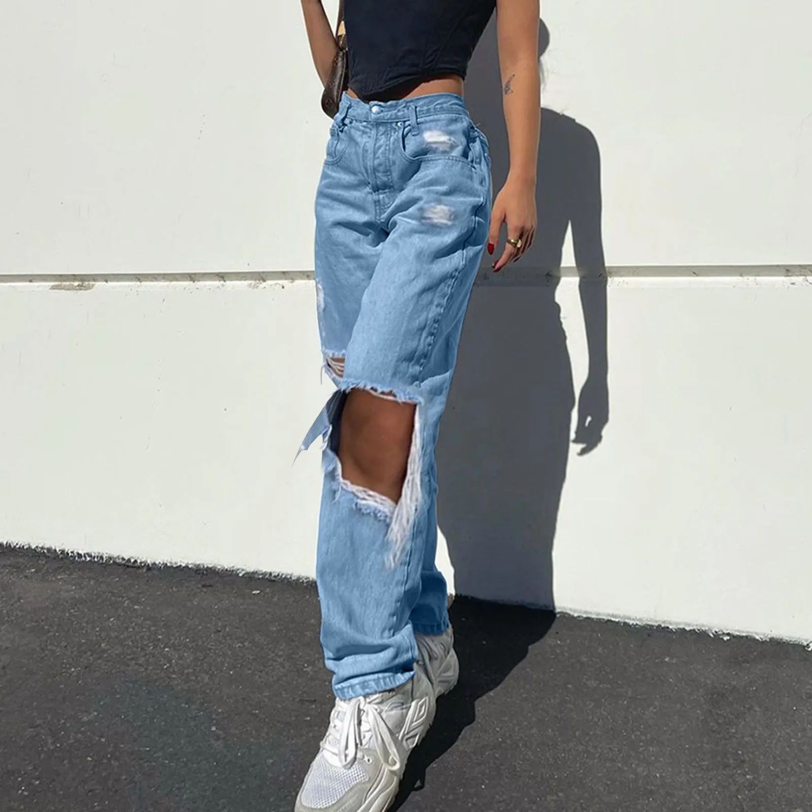 

Women High Waist Pocket Elastic Hole Jeans Loose Denim Butterflies Pants