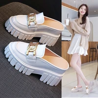leather closed toe half slippers women summer 2021 new fashion thick bottom internet celebrity lazy sandals shoes women