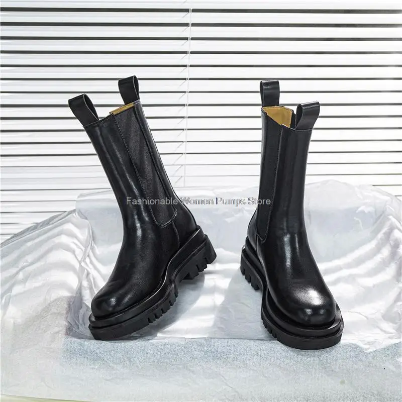 

2021 Genuine Leather Chelsea Boots Women Thick Bottom Black Booties Female Cool Knight Short Winter Boots Women's Martin boots