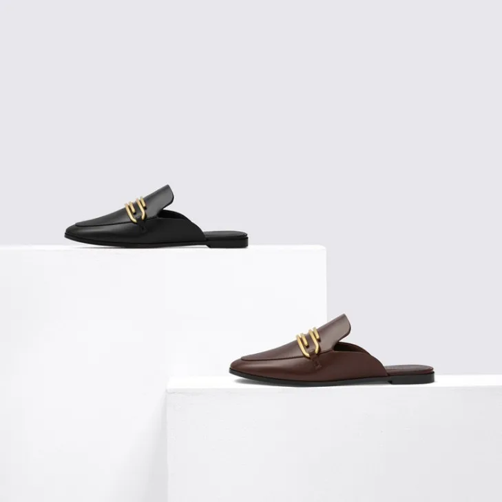 Low-heeled Slippers Women's British Style Breathable Slippers Metal Buckle Flat Mueller Shoes Womens Shoes Female Shoes