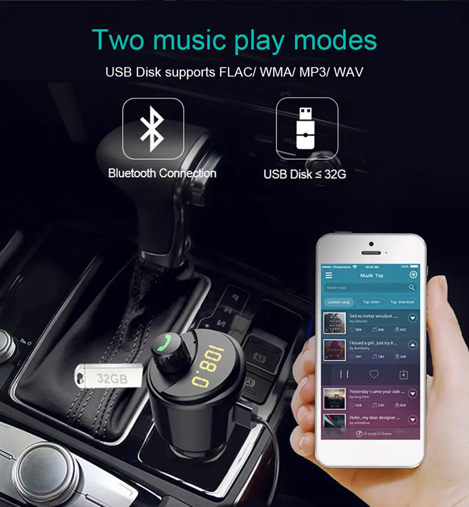 Беспроводная гарнитура Bluetooth Car Kit MP3 Музыкальный плеер FM-передатчик Громкая связь Dual USB