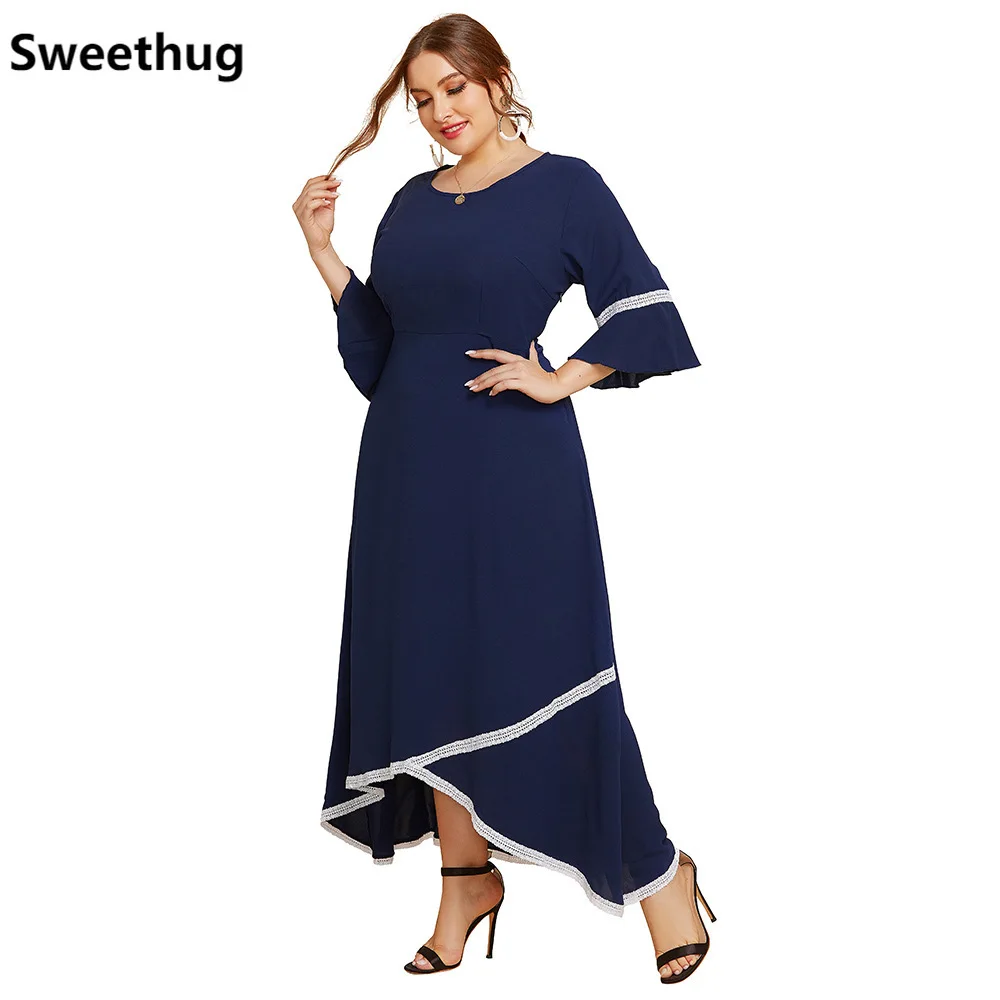 Dresses Summer 2021 Ladies New Plus Size 4XL Lace Round Neck Half sleeve Solid Loose Elegant Fashion Muslim Women's Party Dress