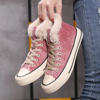 

Winter Shoes Women Fashion Platform Sneakers Trending Female Solid Color Short Plush Black Pink High Top Winter Sneakers N-72