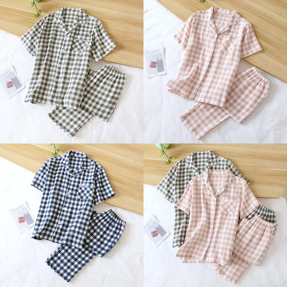 2021 New Couple Short-sleeved Trousers Pajamas Two-piece 100% Cotton Japanese Plaid Men's Simple Casual Ladies Home Service Set
