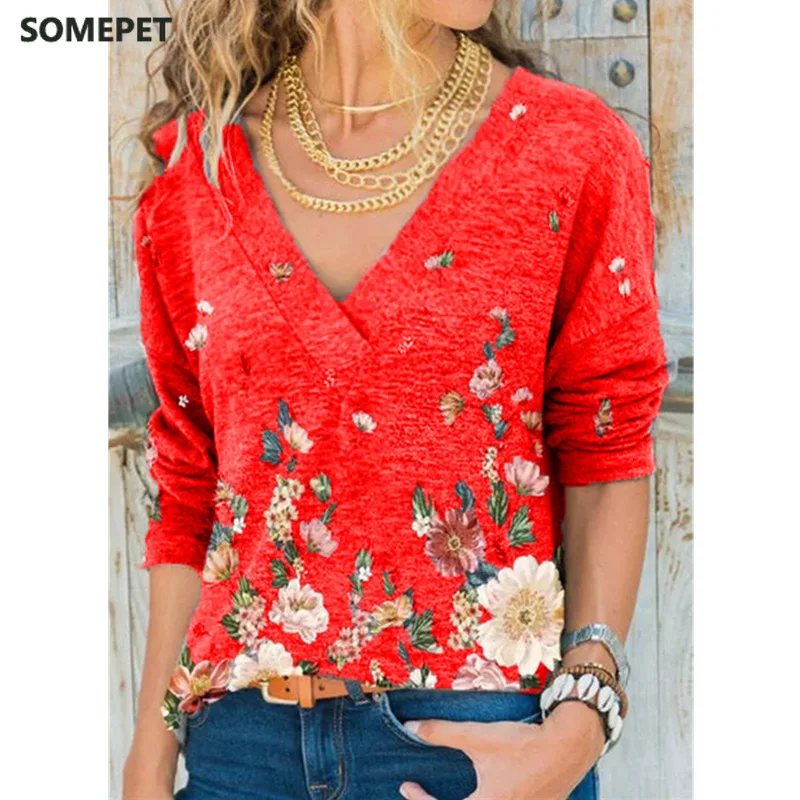 

Women's Clothing Autumn and Winter New Fashion Women's V-neck Flower Print Long-sleeved Casual Loose T-shirt Plus Size