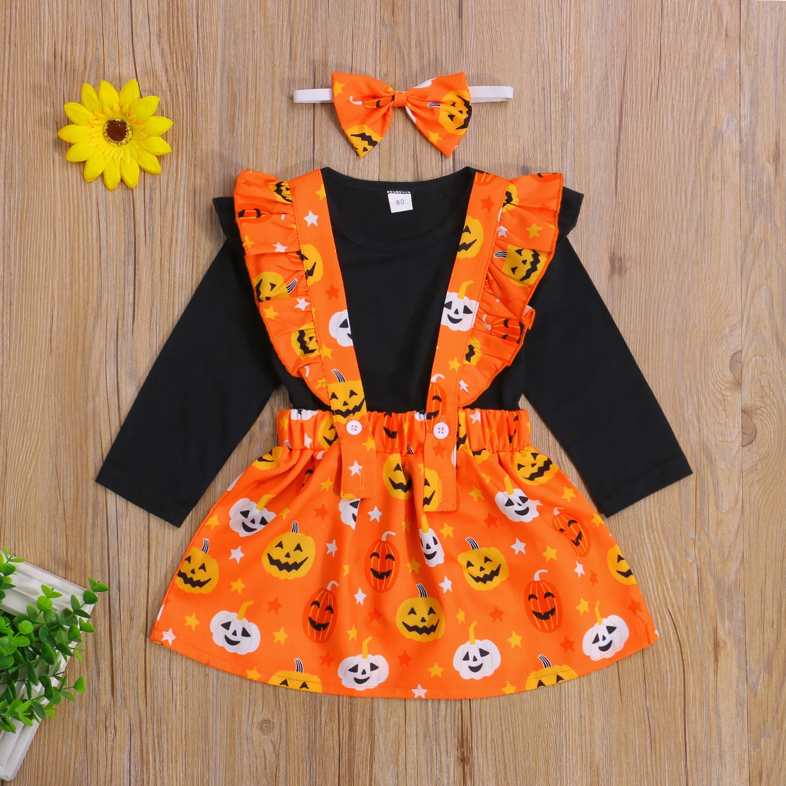 

Baby Girls 3 Pcs Halloween Outfit Fly Long Sleeve Round Collar Bodysuit + Pumpkin Printing Suspender Skirt + Headwear Set