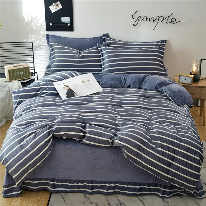 

Japan Grid Bedding Set King Winter Crystal Velvet Duvet Cover Stripe Fleece Warm Soft Bedlien Flannel Bedclothes Home Textile