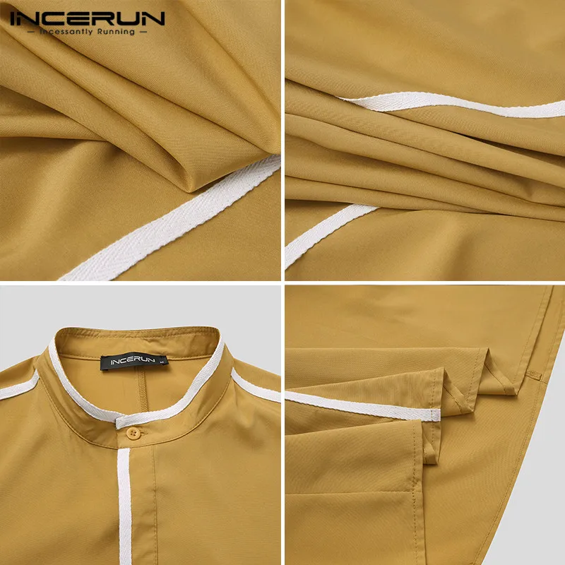 

Men Muslim Kaftan Islamic Arabic Jubba Thobe Dubai Robes Patchwork Long Sleeve Stand Collar Caftan Mens Clothing INCERUN S-5XL