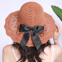 2021 summer womens sunscreen sun hat bowknot big eaves cotton knitted hat all match beach hat foldable