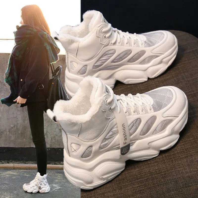 

Женские ботинки на платформе из хлопка, модная зимняя теплая плюшевая повседневная женская обувь, высокие кожаные теплые зимние ботинки, же...