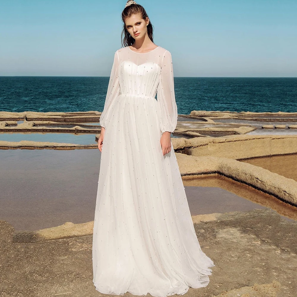 

Simple Summer Beach Tulle O-Neck Sweep Train Wedding High Quality Long Sleeve Pearls Bridal Gowns Vestido De Novia 2021