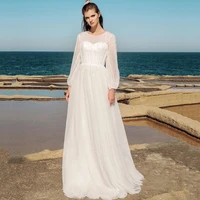 simple summer beach tulle o neck sweep train wedding high quality long sleeve pearls bridal gowns vestido de novia 2021