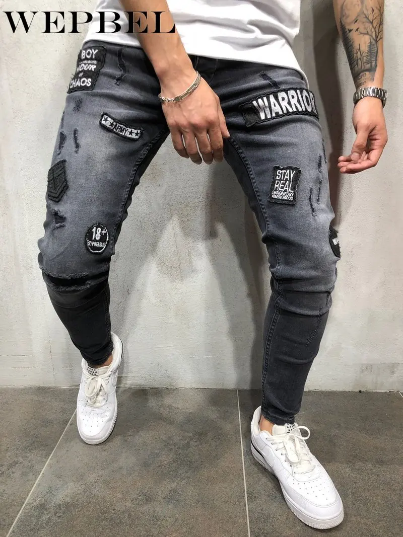 

Mandylandy Mens Skinny Jeans Ripped Hole Denim Pants Slim Feet Pants Hip Hop Badge Street Trousers