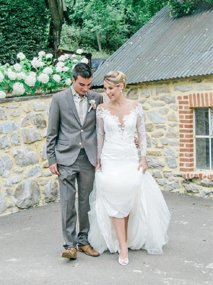 

2020 Spring Design Garden Wedding Dresses Sheer Neck Long Sleeve Lace Mermaid Backless Bridal Gowns Customize Plus Size