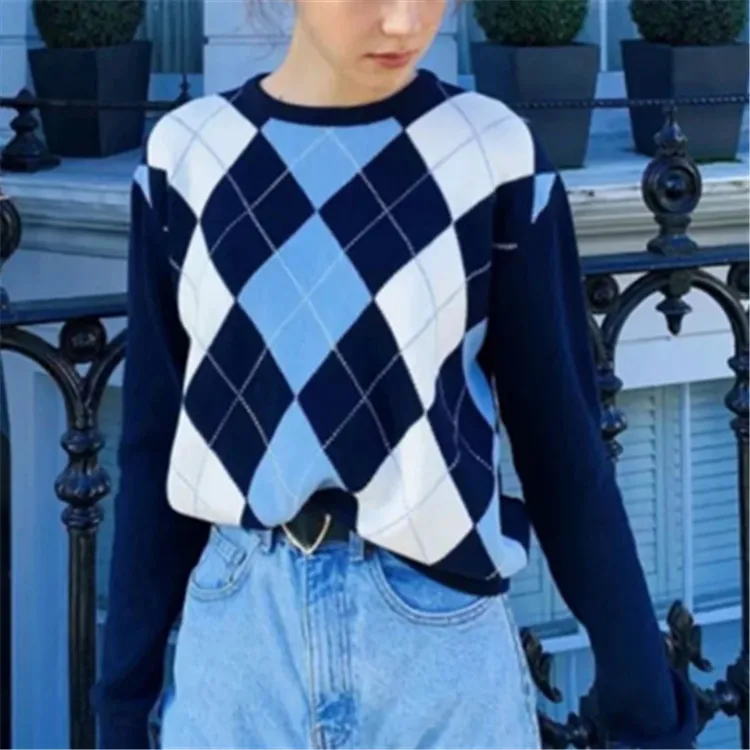 

Knit sweater fall 2020 women pullover vintage argyle sweater korean o neck cropped sweater black long sleeve pullover fashion