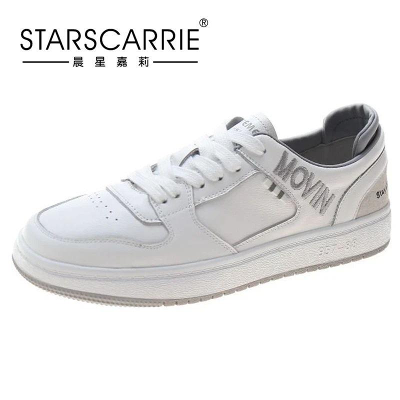 

Low top adult women's front lace up sewing round head casual white shoes women's leather flat bottom skateboarding shoes