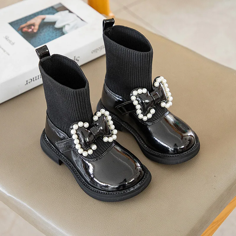 

2021 Autumn Winter New Girls' Leather Shoes Korean Pearl Bow Princess Shoes Little Girls Elasticity Knit Shoes Soft Sole Shoes