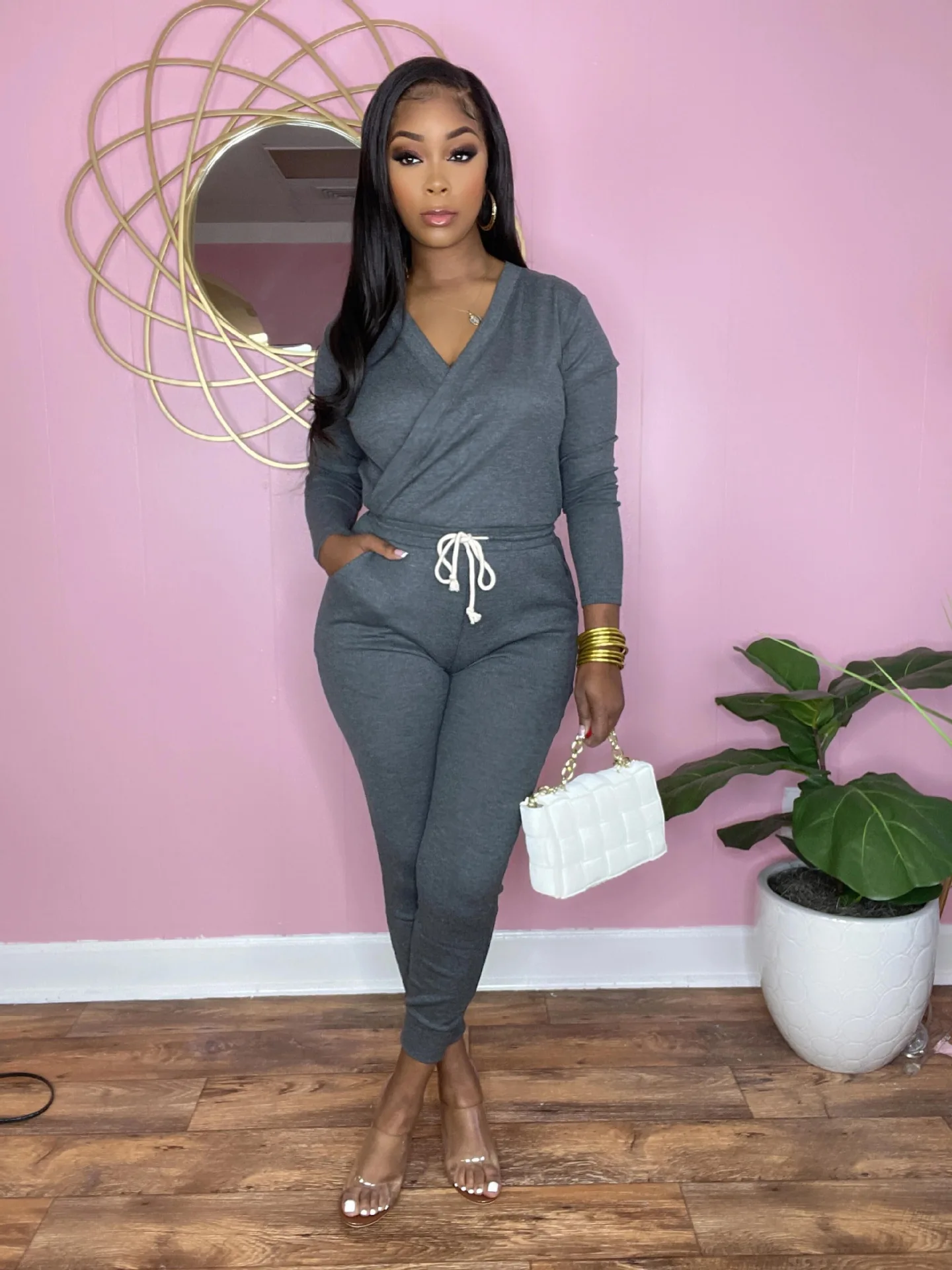 

Solid Color High Waist Bandage Skinny One Piece Pants Suits Sets Casual Long Sleeve Women Rompers Jumpsuits Outfits Fall 2022