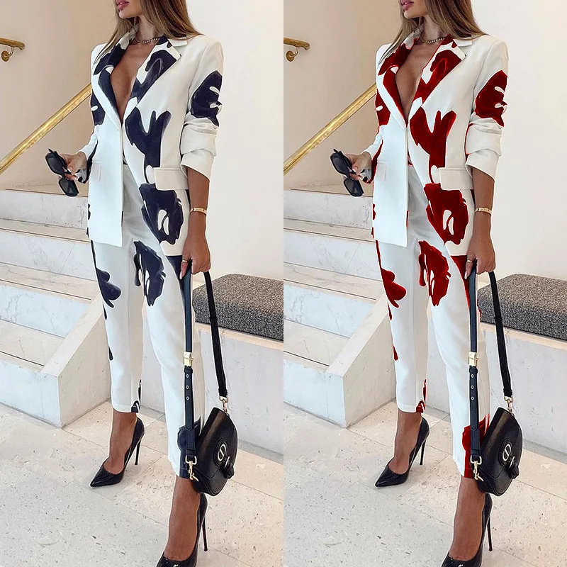 Women Blazer and Pant Sets Two Pieces OL Single Button Jacket Formal Suit Autumn Winter New Notched Collar Printing Outfits