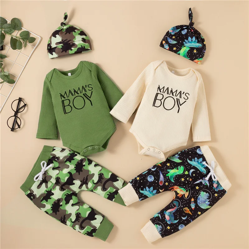 

Newborn Boys Fall Cotton Outfit Soft Letters Embroidery Long Sleeves Romper Dinosaur Print Pants Hat Baby Clothing